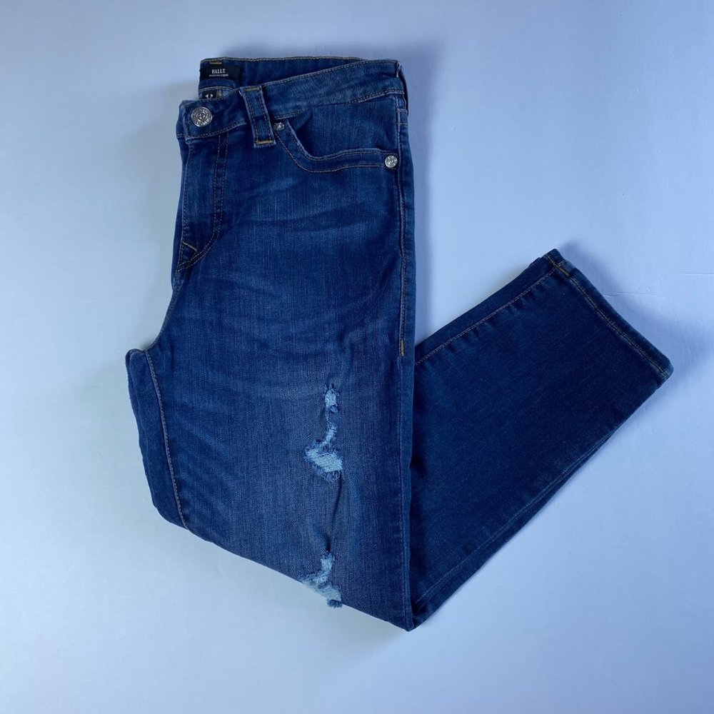 True Religion, blue distressed Halle Mid Rise Capri jeans, size 12/31